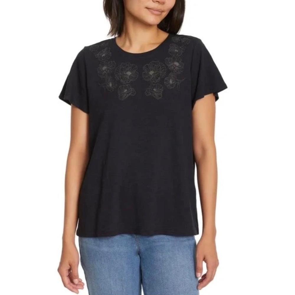Ella Moss Womens Black Floral Embroidered Slub Knit Tee Shirt •XXL• Cottagecore